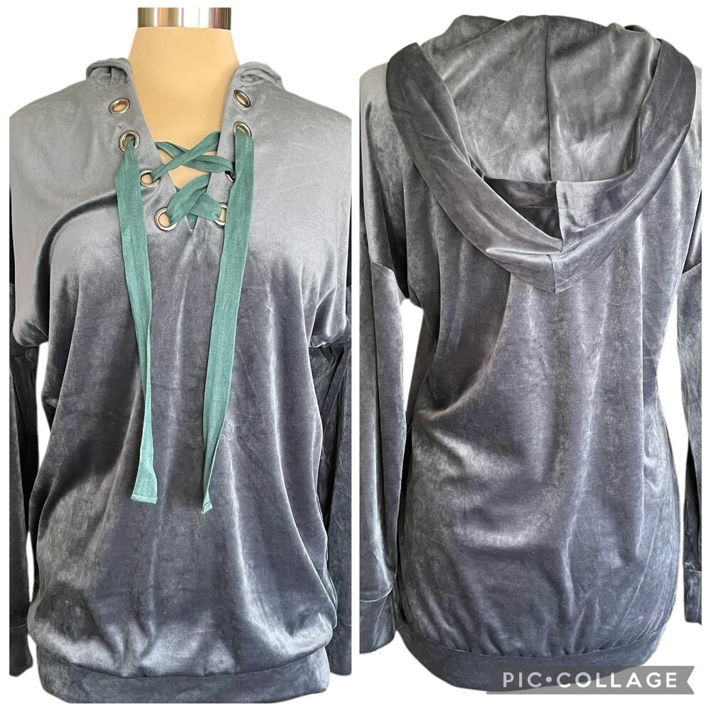 ILLA ILLA Gray Velvet Lace Up Hoodie Size L Plush Warm Cozy Lounge Athleisure